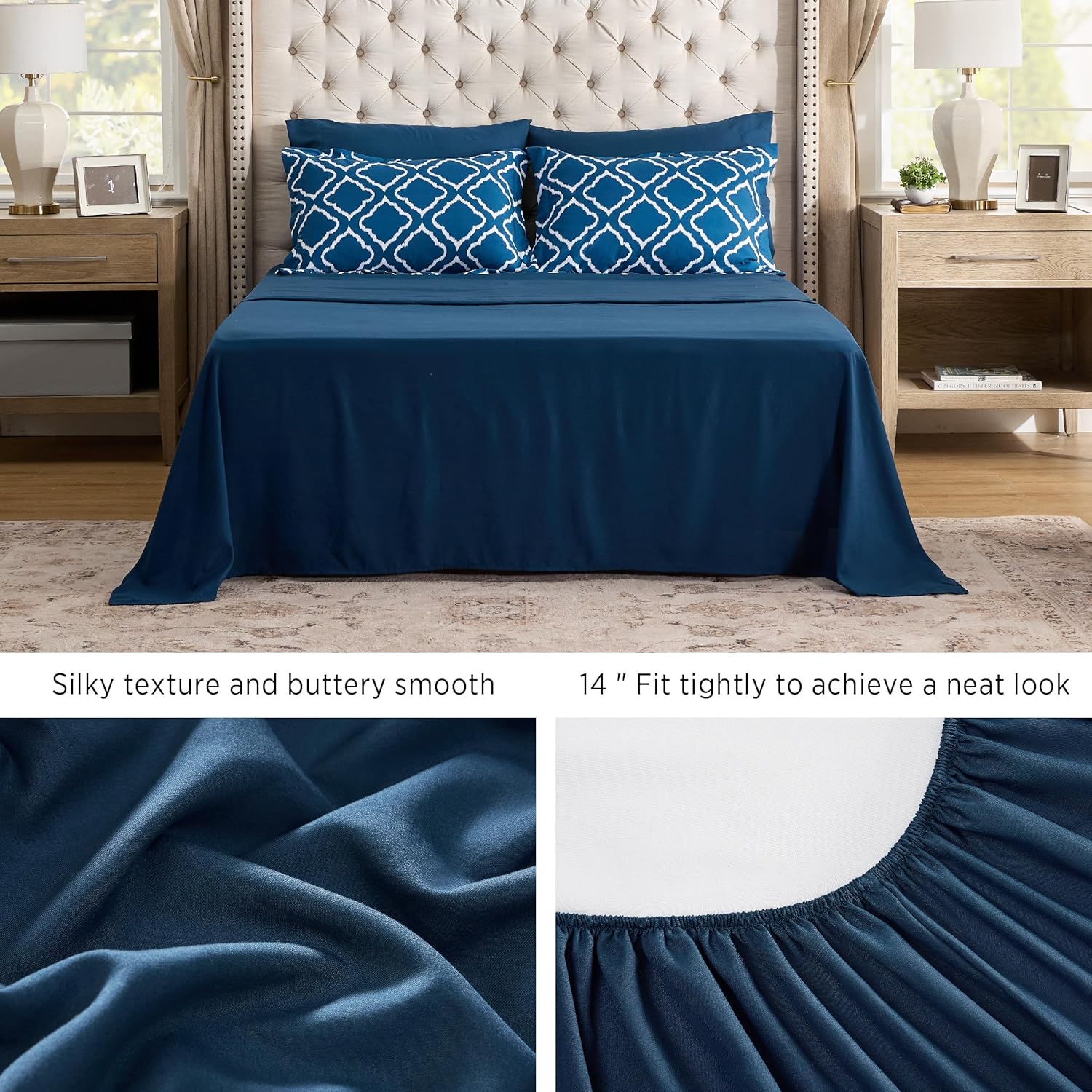 Queen Comforter Set 7 Pieces - Navy Blue Quatrefoil Comforters Queen Size, Lightweight Bedding Sets for All Season, Bed in a Bag with Comforters, Sheets, Pillowcases & Shams