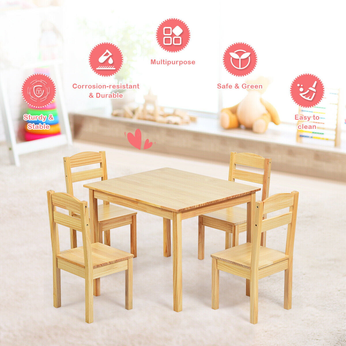 for Indoor and Outdoor use | 5 pcs Kids Pine Wood Table Chair Set Kid Playroom Dining Picnic Furniture Set Lightweight Durable Sturdy Solid Wooden 4 Chairs and 1 Activity Table Natural 