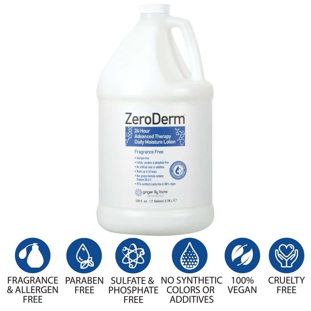 Ginger Lily Farms Botanicals ZeroDerm 24 Hour Advanced Therapy Daily Moisture Lotion, Allergen-Free, 100% Vegan & Cruelty-Free, Fragrance Free, 1 Gallon (128 Fl. Oz.) Refill