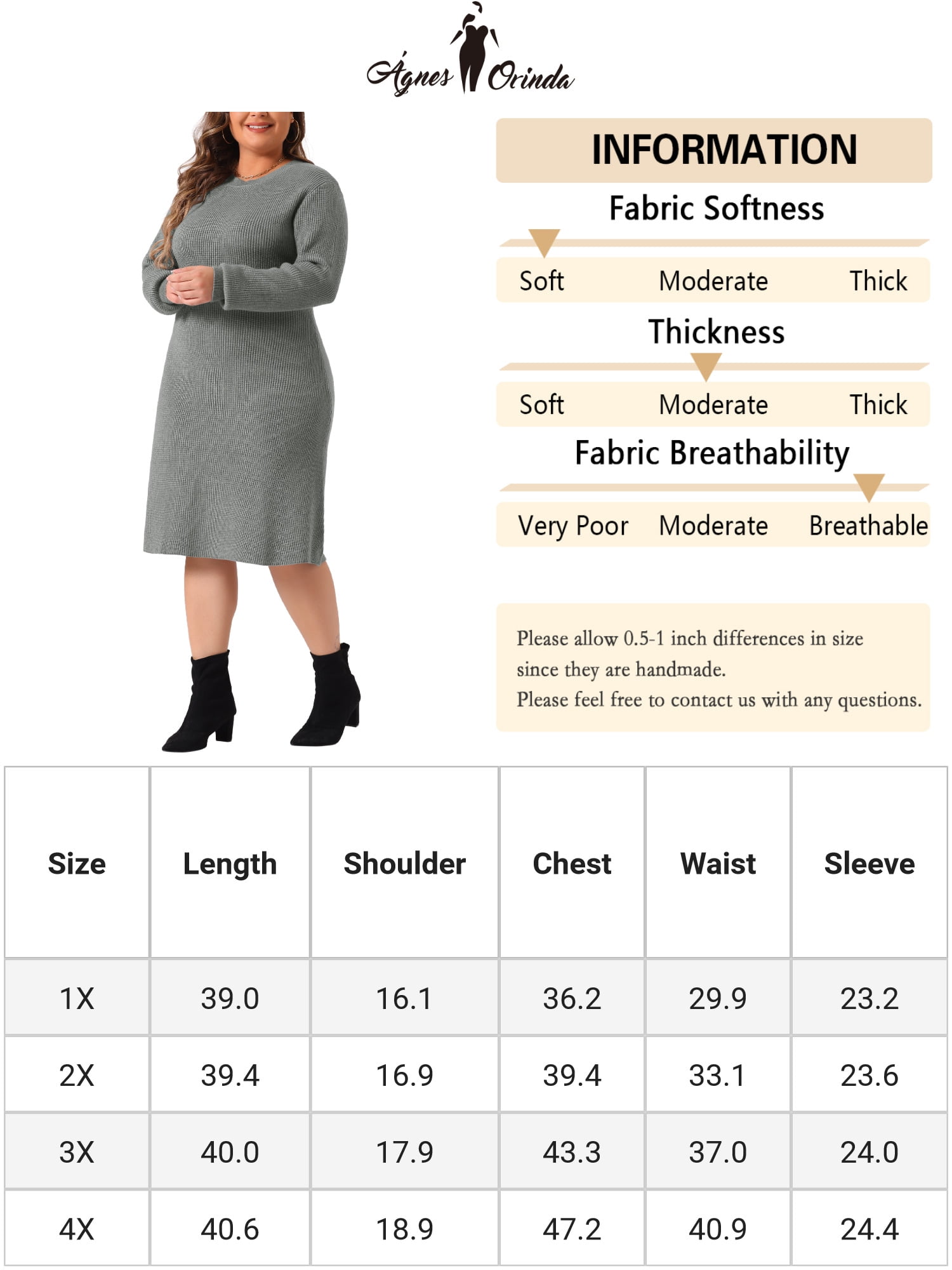 DARING DIVA Plus Size Sweater Fall Crew Neck Long Sleeve Dress 2X Gray