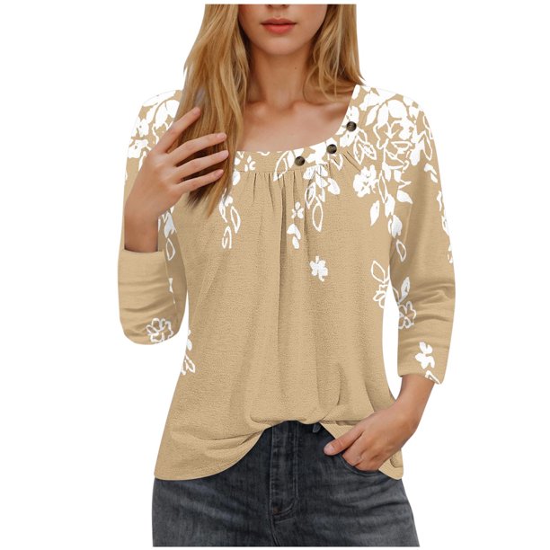 Blusas para las Mujeres Casual, 3/4 Manga Floral Estampado Camiseta de Moda Top Hecho de Poliéster Transpirable Suave para el Uso Diario de Primavera Otoño, Tops de Blusa para las Mujeres