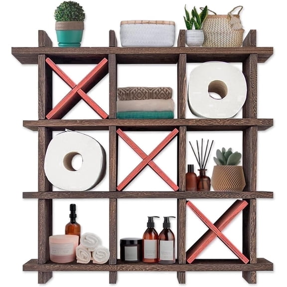 Comfify Tic Tac Toe Toilet Paper Holder, Torched Brown, Bathroom Tissue Storage Shelf for Wall Mount and Freestanding Use