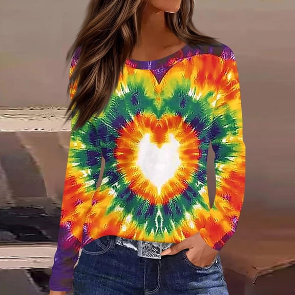 Odbmxy Womens T Shirts Valentine Long Sleeve Womens Tops Cute Tie-Dye Casual Loose Holiday Tops Orange