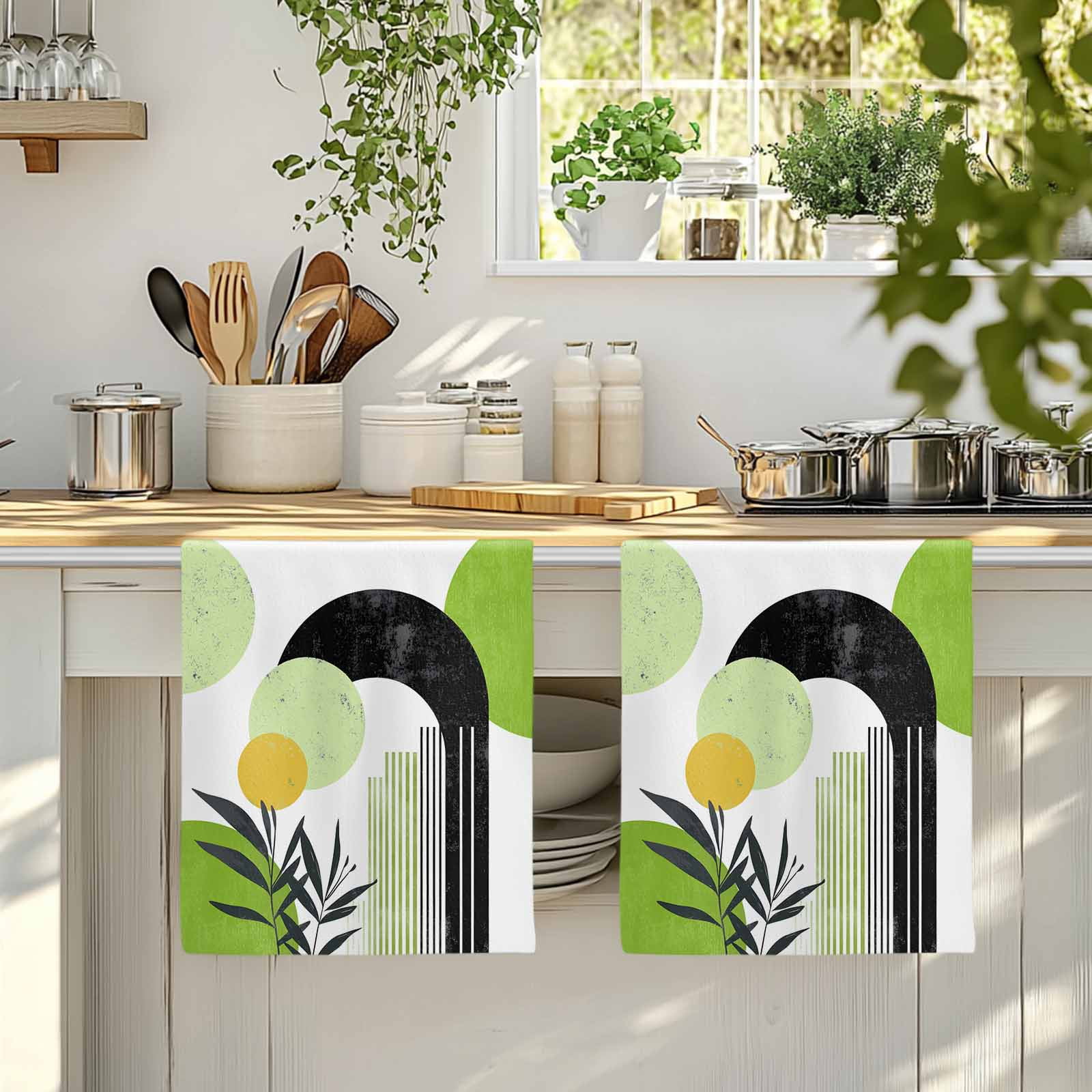 Dish Towels, Green Boho Absorbent Kitchen Towels 2 PCS, Geometric Line Leaves Microfiber Hand Towels Dish Cloths Tea Towels for Home&nbsp;Bathroom Cleaning Drying,18X28-Inch,