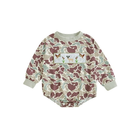 

Woshilaocai Baby Boy Romper Long Sleeve Camouflage Print Embroidery Bodysuit
