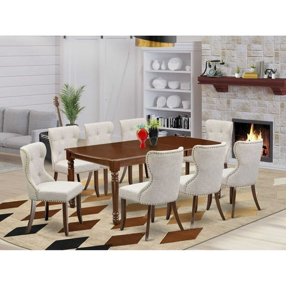 East West Furniture East-West Furniture DOSI9-MAH-35 - A kitchen dining table set of 8 fantastic indoor dining chairs using Linen Fabric Doeskin color and a wonderful dinner table with Mahogany...
