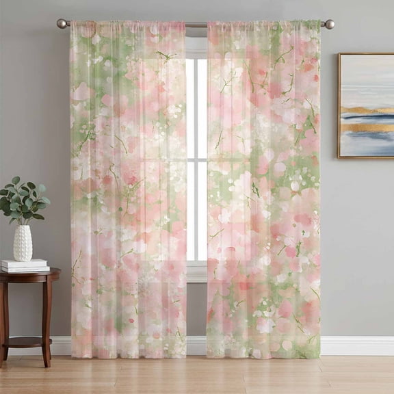 Pink Green Flower Sheer Curtains 96 Inch Length 2 Panels Set, Watercolor Summer Botanical Voile Window Treatment Semi Sheer Long Curtains Drapes for Bedroom/Living Room/Kitchen 52"x96"x2
