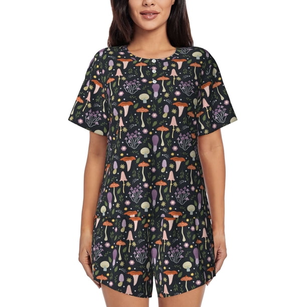 Balery Mushroom Conjunto de Pijama para Mujer con Estampado, Dos Piezas de Manga Corta y Shorts, Ropa de Dormir Suave con Cuello Redondo y Bolsillos-Medium
