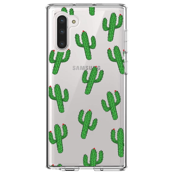 DistinctInk Clear Shockproof Hybrid Case for Samsung Galaxy Note 10 (6.3" Screen) - TPU Bumper, Acrylic Back, Tempered Glass Screen Protector - Repeating Cartoon Cactus