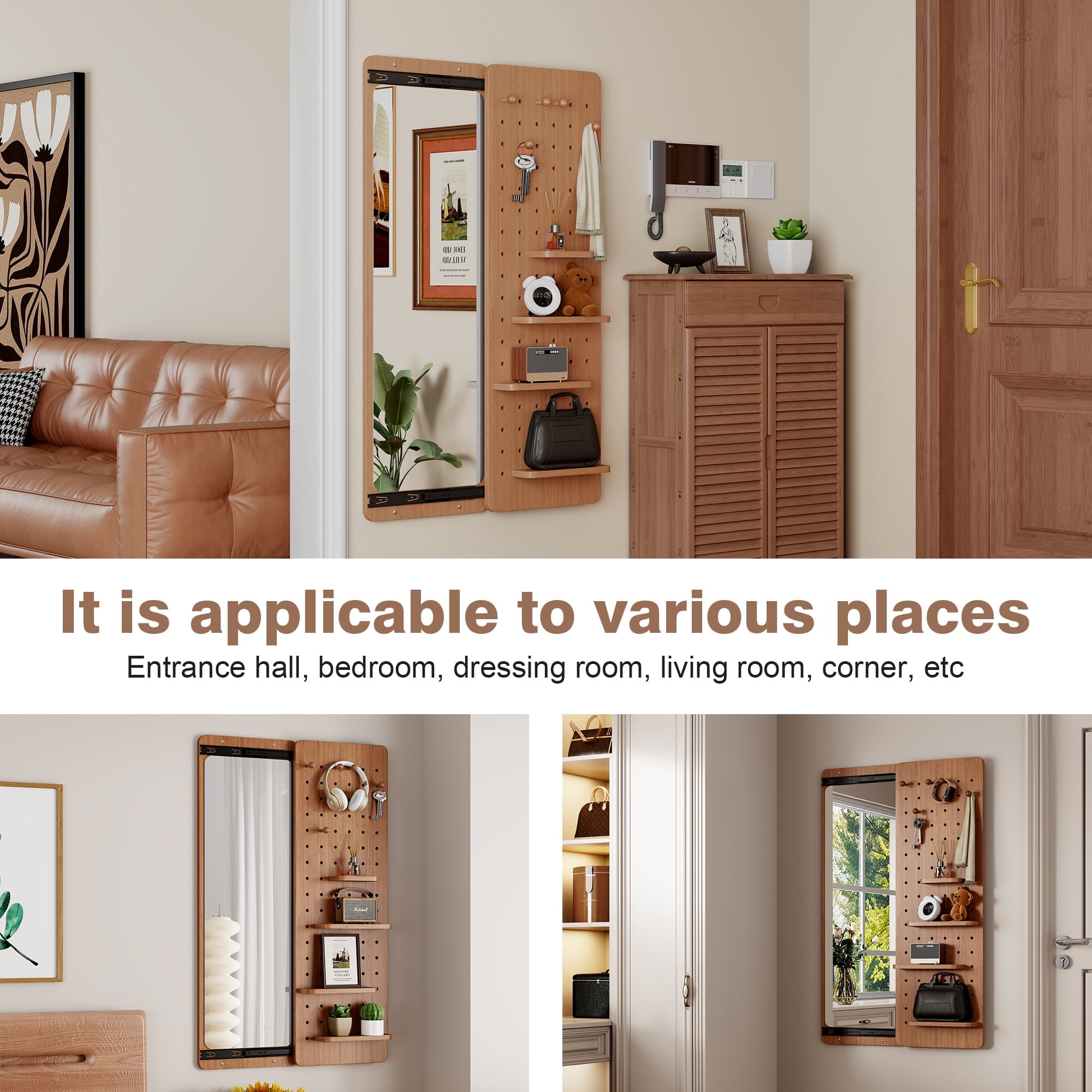 Wall-Mounted Full-Length Mirror with Shelves and Hooks, Push-Pull Panel Design with Dual-Slide Hardware for Bedroom, Cherry