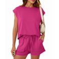 thumbnail image 2 of Womens Crew Neck Two Piece Short Sets Cap Sleeve Drawstring Summer Sweatsuit with Pocket Rose Red L, 2 of 9