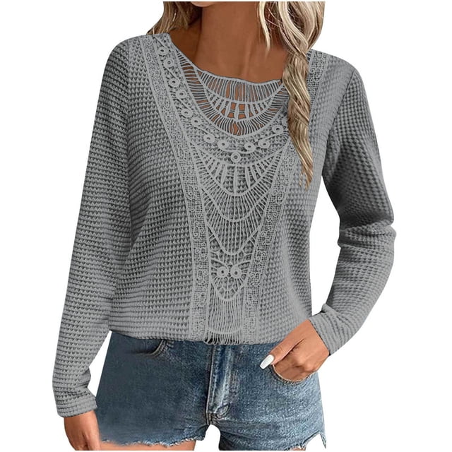 hotojiny Hauts de Printemps pour Femmes Légers et Stylés Blouse à Manches Longues en Patchwork de Dentelle Col Rond Chandail Ajouré
