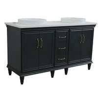 61 in. Double Wooden Vanity Dark Gray White Quartz Round Sink