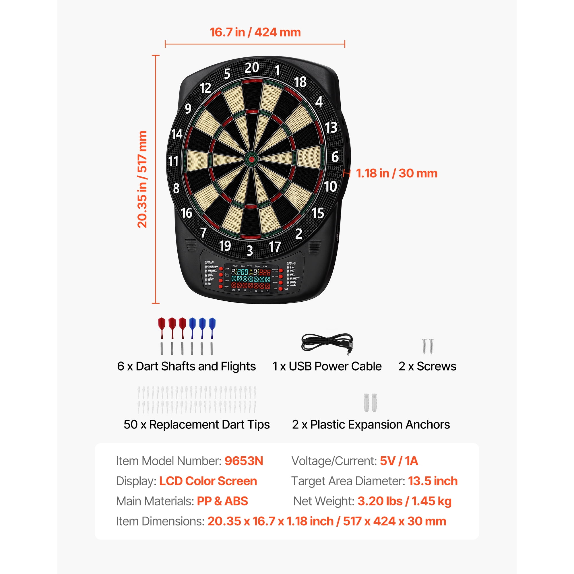 KFFKFF Electronic Dart Board with 13.5" Target, 43 Games & 200+ Variations for Up to 8 Players, Includes 6 Dart Shafts, Flights, and 50 Soft Tips, LCD Scoring Screen for Home and Party Use