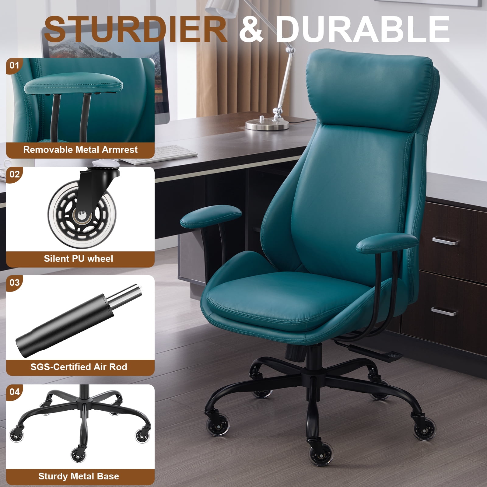 E-Motie Home Office Desk Chair, Ergonomic Computer Chair with Lumbar Support and Head Support, High Back Office Chair with Armrests, Adjustable Height, Rubber Casters, Green Leather