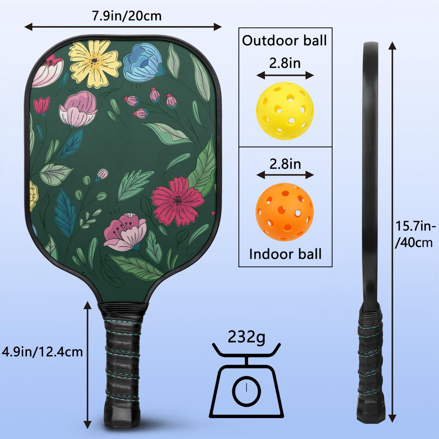 Pickleball Paddles Set Of 2, Fiberglass Surface, Vintage Floral Print, 4 Balls & Bag
