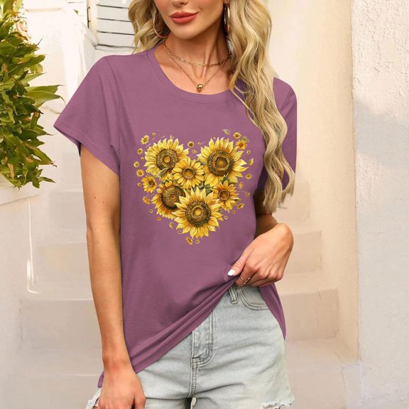 Tops for Women Plus Size Short Sleeve Printed Round Neck Summer Tunic Tops Loose Tees Shirts Red L