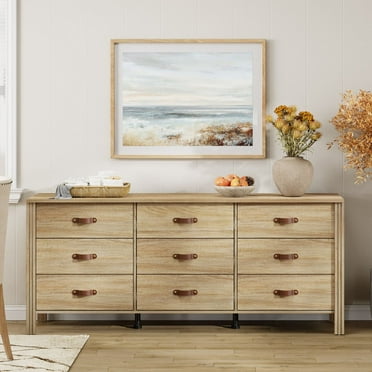 WAMPAT 9 Drawers Dresser for Nursery, Farmhouse Storage Organizer with Solid Wood Legs for Closet, Hallway, Light Oak
