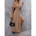 thumbnail image 4 of Mocha Brown V-Neck Butterfly Sleeve High Slit Maxi Dress For Women, 4 of 7