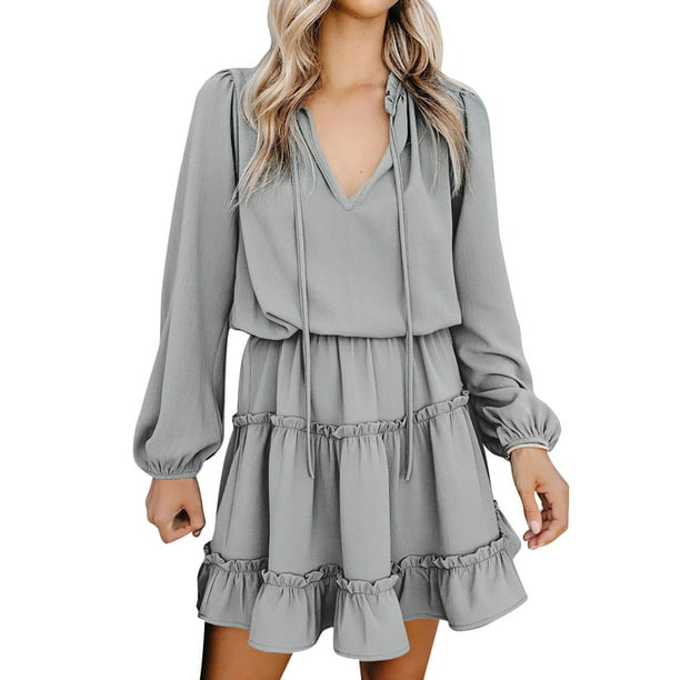 QYZEU Vfshow Dress Plus Size Dress With Sleeves Women Casual Loose Solid Dress  Long Sleevemini Dress Knee Length Swing Dress - Walmart.com