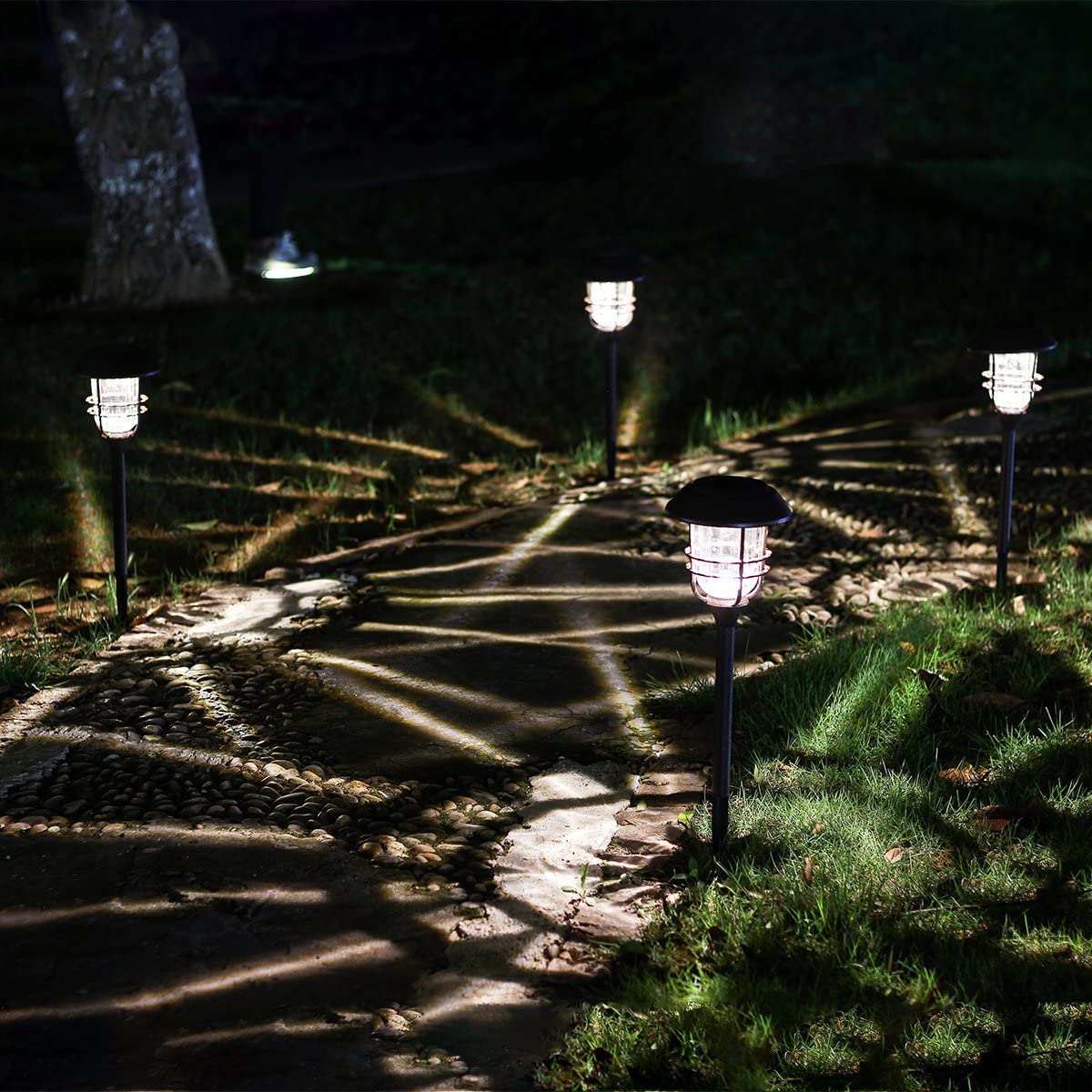 FKHouse 4 Pack Outdoor Solar Lights, Glass and Powder Coated Cast Aluminum Metal Path Lights, High Lumen Output per LED, Easy No Wire Installation