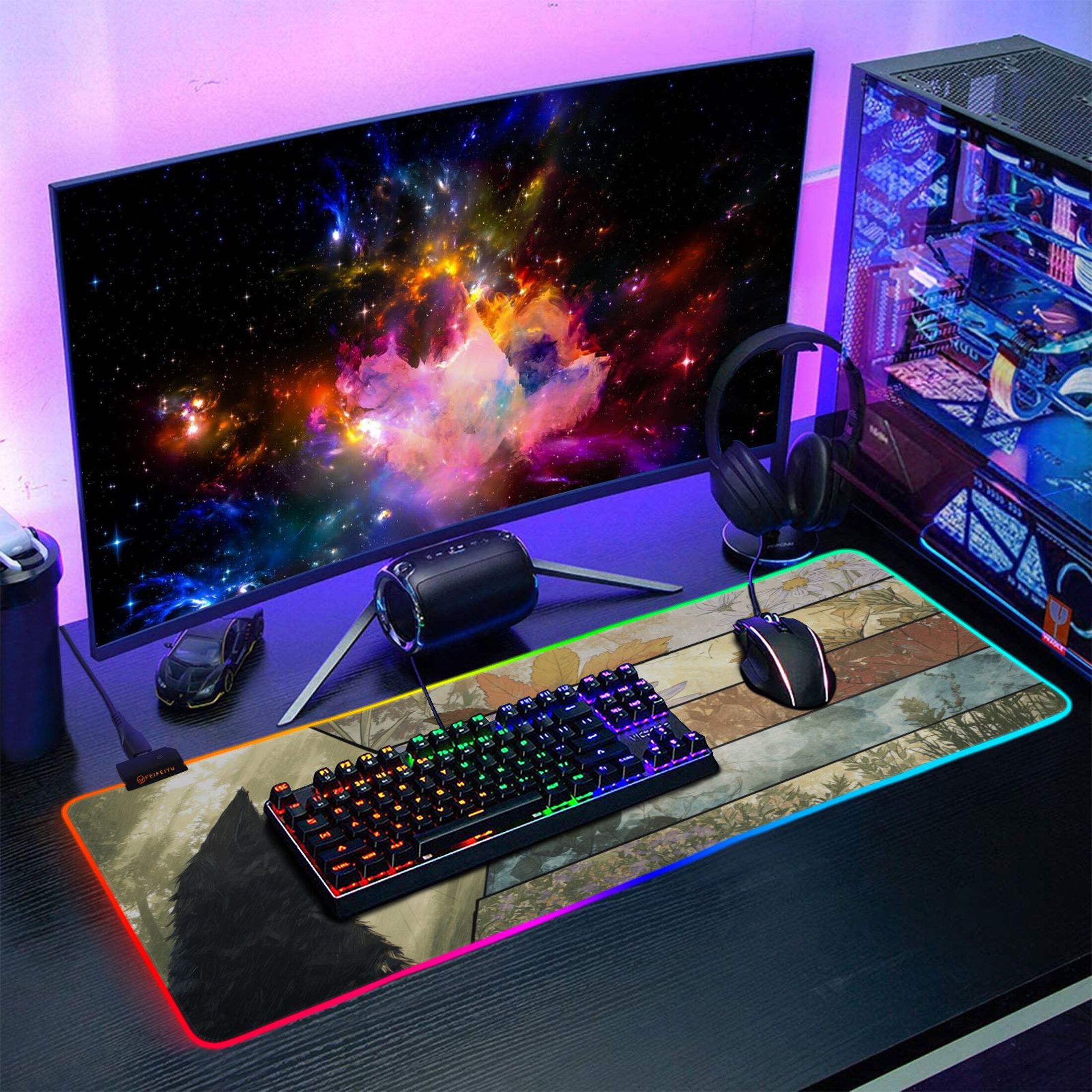 Haosy RGB Led Gaming Mouse Pad Non-Slip Large Keyboard Desk Mat 13 Light Modes 31.5x11.8 inch Black Cat with All Seasons