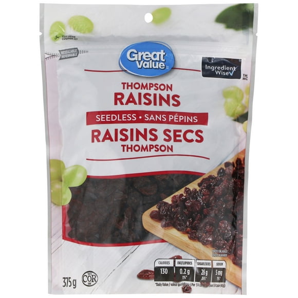 Great Value Seedless Thompson Raisins, 375 g