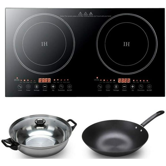 Double Induction Cooktop Cooker,2400W 110V Portable Induction Cooktop Countertop Digital Ceramic Countertop Double Burner Dual Hot Plate 8 Gear Firepower