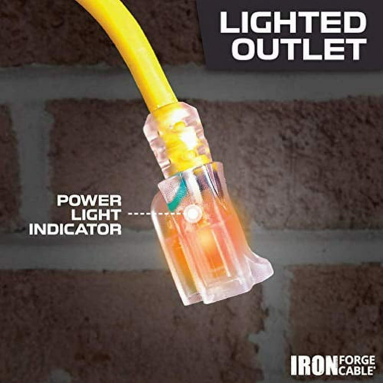 Iron Forge Cable 15 Foot Lighted Outdoor Extension Cord - 12/3 SJTW Heavy  Duty Yellow Extension Cable with 3 Prong Grounded Plug for Safety - Great  for Garden and Major Appliances 