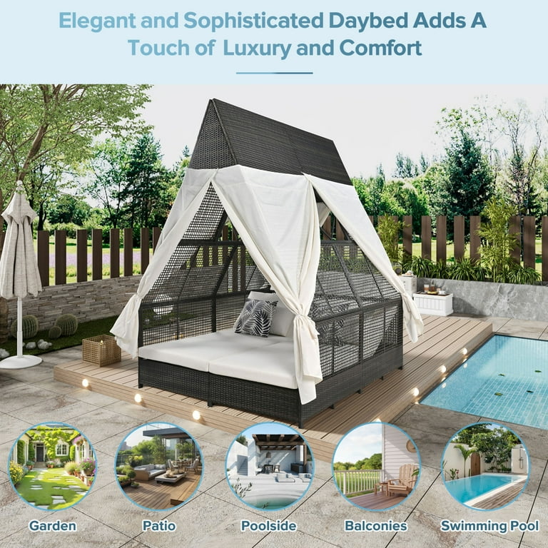 Patio Double Lounge Bed, Outdoor Sun Lounger with Curtain Canopy