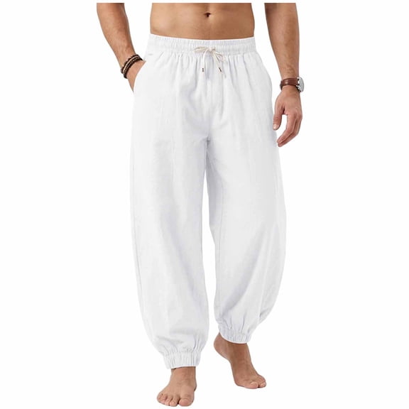 cfhntfmh Mens Lightweight Pants Casual Elastic Waist Drawstring Joggers Yoga Beach Trousers with Pockets (White,X-Large)