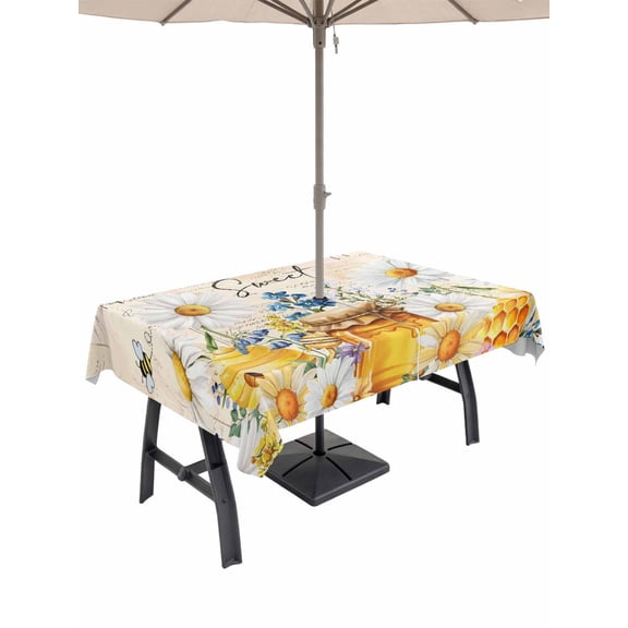 Outdoor Tablecloth with Umbrella Hole for Patio/Picnic/Party/Camping, White Daisy Waterproof Table Cloth Rectangle Table Cover Washable, Spring Floral Elegant Pastoral Botanical Bees (60"x 84")