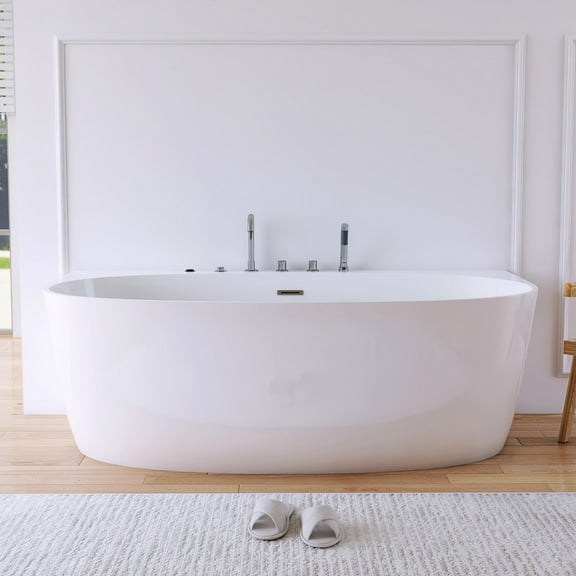 MEDUNJESS Upgraded 67" Freestanding Whirlpool Bathtub with Overflow & Drain System Acrylic Deep Soaking Tub,Faucet Included