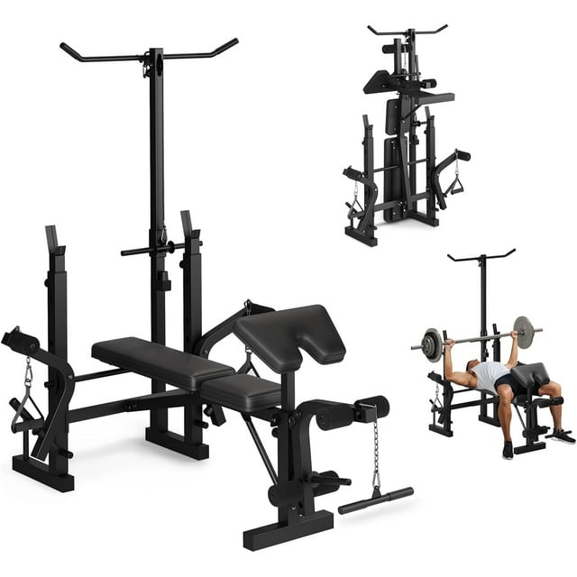 Banc de Musculation Pliable 6-en-1 avec Rallonge de Jambe et Courbure de Prédicateur, Poste d'Entraînement Réglable pour Gym à Domicile, Banc Compact d'Entraînement de Force pour Entraînements avec Haltères et Barre, Noir