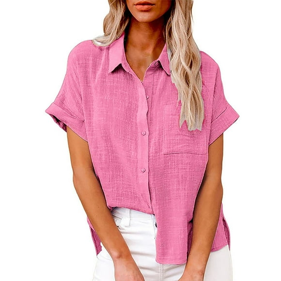 WTXUE Button-Up Shirts Short Sleeve, Notch Neck Shirts for WomenButton Down Cropped Shirts Crop Solid Lapel Blo Cotton Solid | Workwear for Women Red XXL