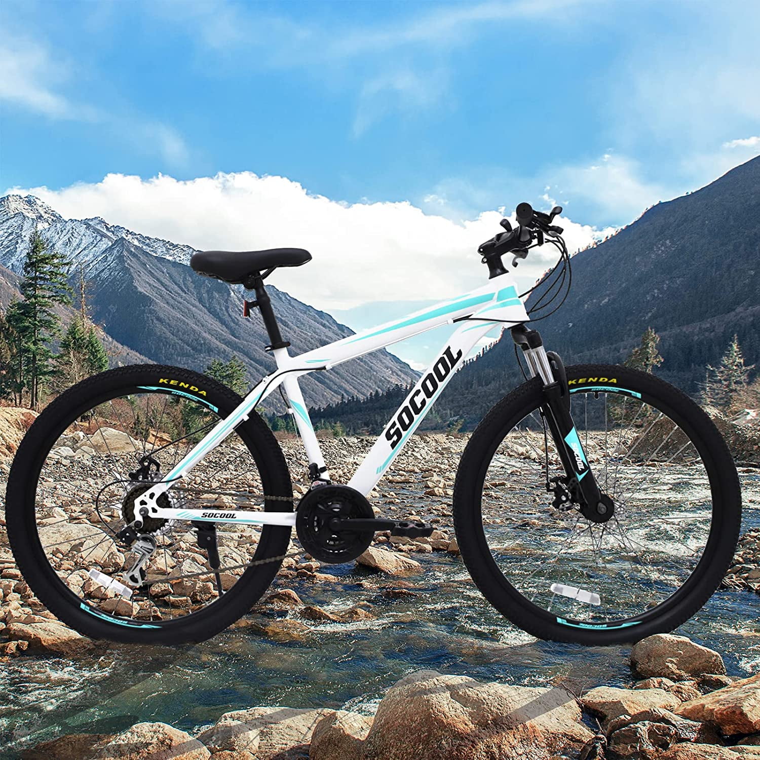 26 Pouce VTT Disque Frein 21 Vitesse Vélo pour Adulte ou Adolescents,  Double Disque Frein Ville Route Vélo Blanc