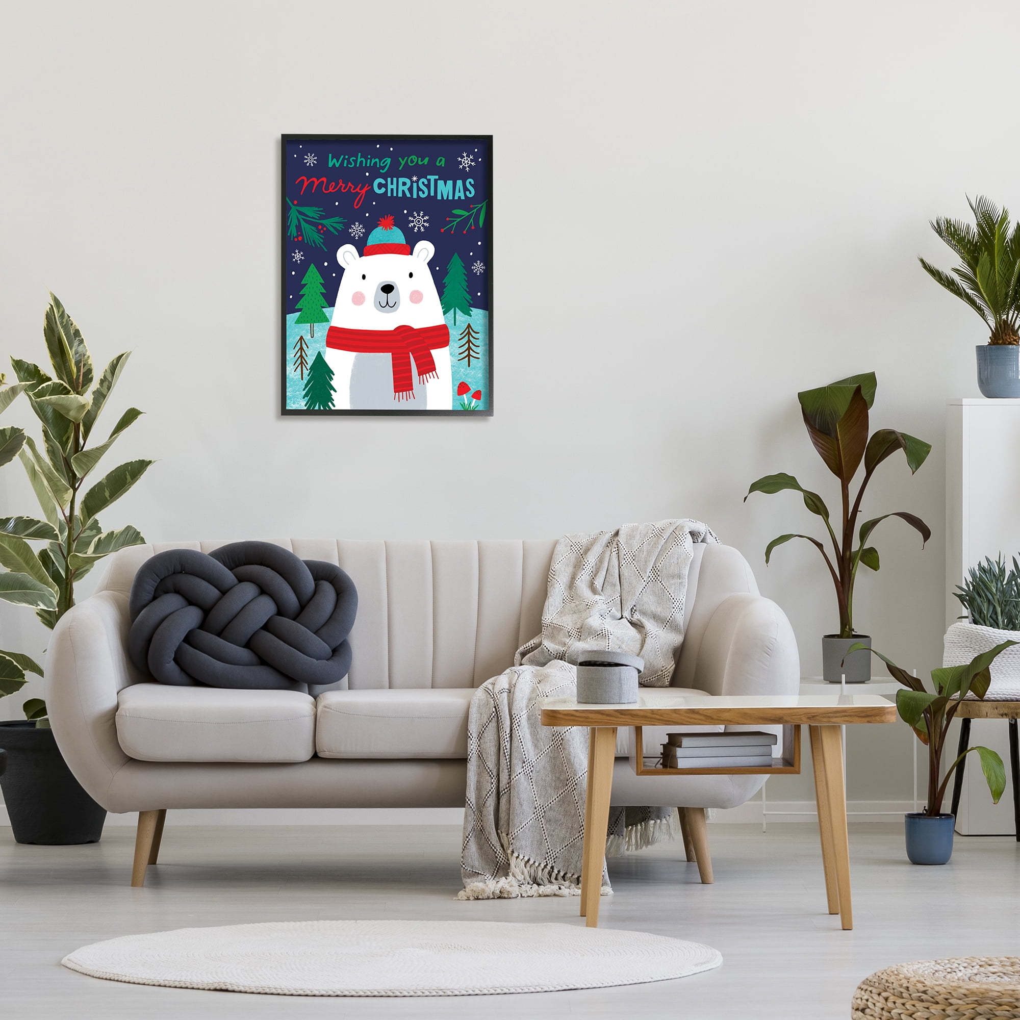 Stupell Industries Polar Bear Forest Wishing You Merry Christmas Phrase Animals & Insects Painting Black Framed Art Print Wall Art, 24 x 30