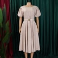 thumbnail image 2 of AURA Womens Elegant A Line Midi Dress Puff Short Sleeve Round Neck High Waist Zipper With Belt, 2 of 9