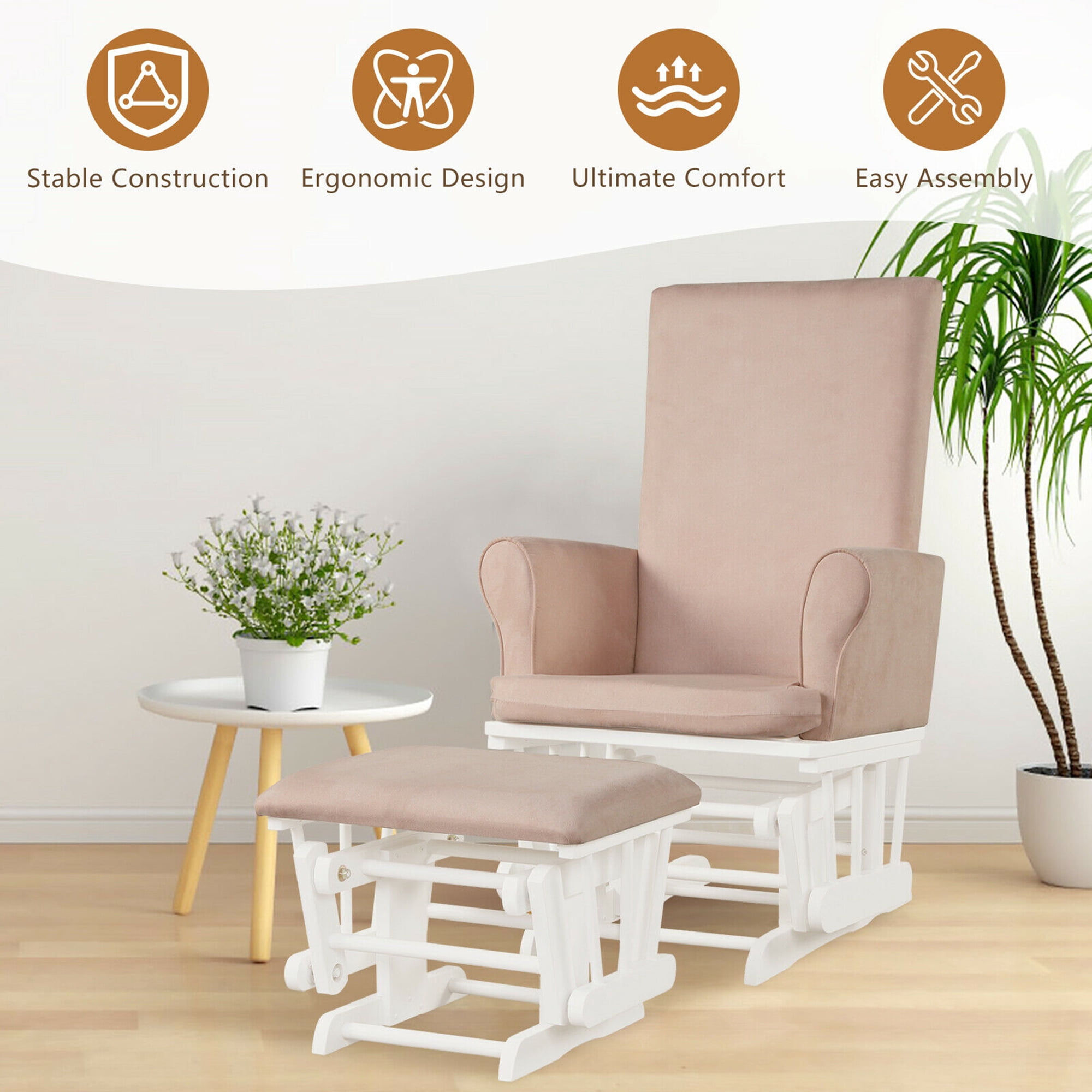 Gymax Glider and Ottoman Cushion Set Wooden Baby Nursery Rocking Chair Pink