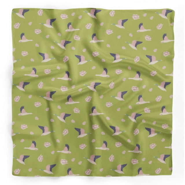 Bimba Green Ranunculus & Stork Bird Printed Pure Silk Scarf For Hair Neck Head Bandanas For Women 40 x 40 Inches