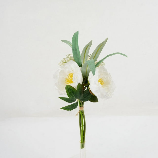 Lerman Decor white peony bouquet with two large white artificial peony flowers featuring yellow centers, wrapped with greenery and tied with natural twine, ideal for enhancing home décor or office spaces with maintenance-free artificial flowers.