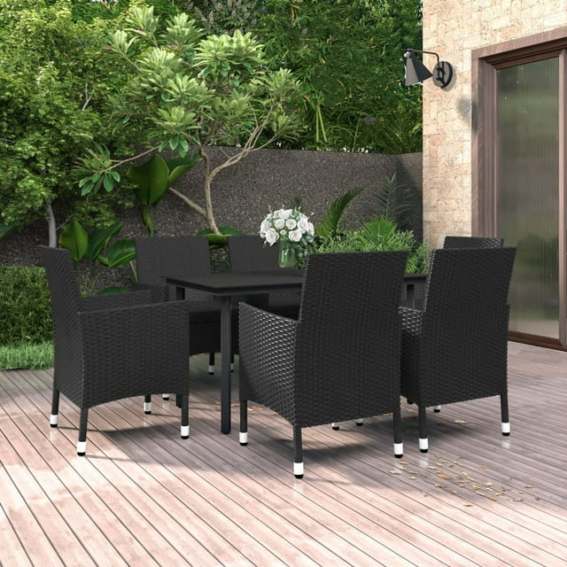 vidaXL 7 Piece Garden Dining Set with Cushions Poly Rattan and Glass