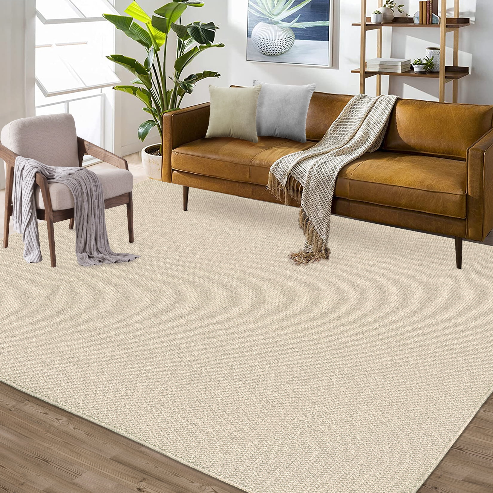 Garvee Modern Solid Area Rug, 8'x10' Washable Non Slip Backing Rug Low Pile Stain Resistant Indoor Floor Carpet for Living Room Bedroom, Beige