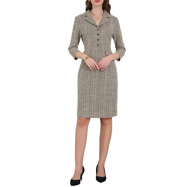 Vestido de tweed con cuello de solapa y botones para mujer Inspire Chic de manga 3/4 XL 2