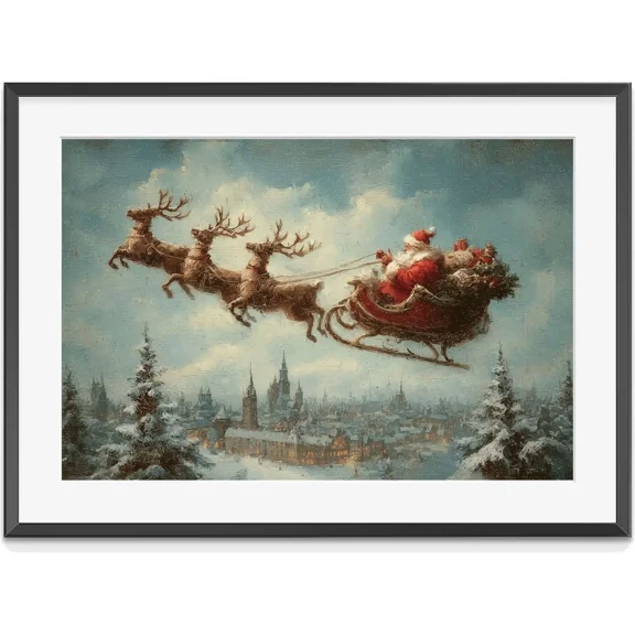 Santa Sleigh Flying Over Village, Vintage Christmas Wall Art, Holiday Reindeer, Matte Canvas Stretched, Posters for Room Bedroom Living Room Bathroom Wall Decor, Posters & Art Prints, Gift.