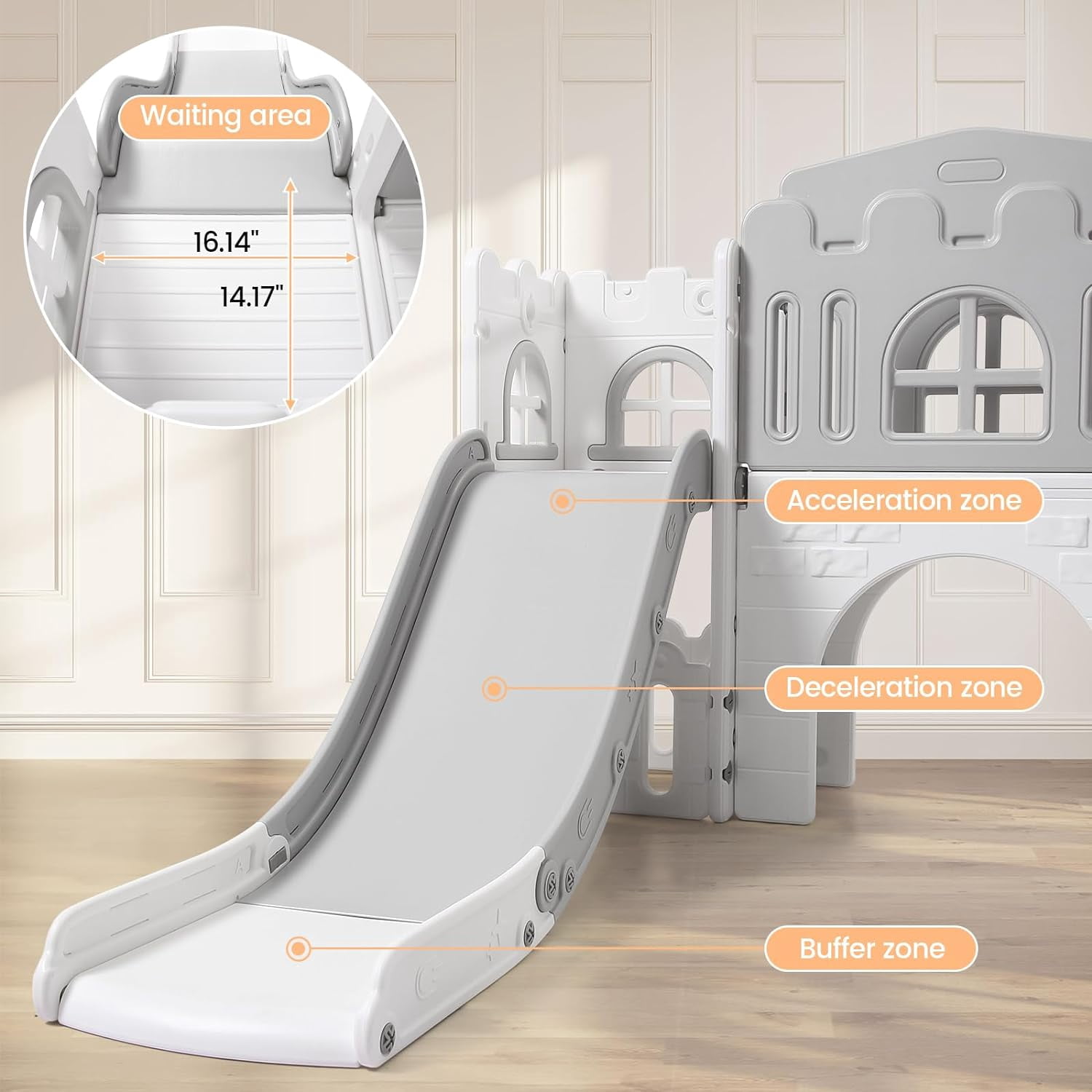 8 in 1 Toddler Slide Indoor Playground, Indoor Slide Toddler Playset for Toddlers 1-3, Kids Outdoor Playground with Slide, Basketball Hoop, Climber, Crawling Tunnel, Telescope, Grey & White