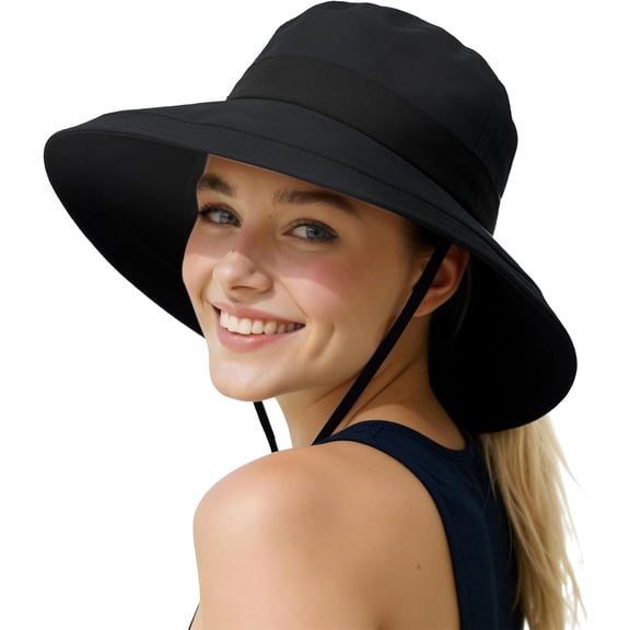 Kukuzhu Sun Hats for Women UV Protection, Waterproof Ponytail Wide Brim Bucket Hat for Summer Beach Gardening Travel