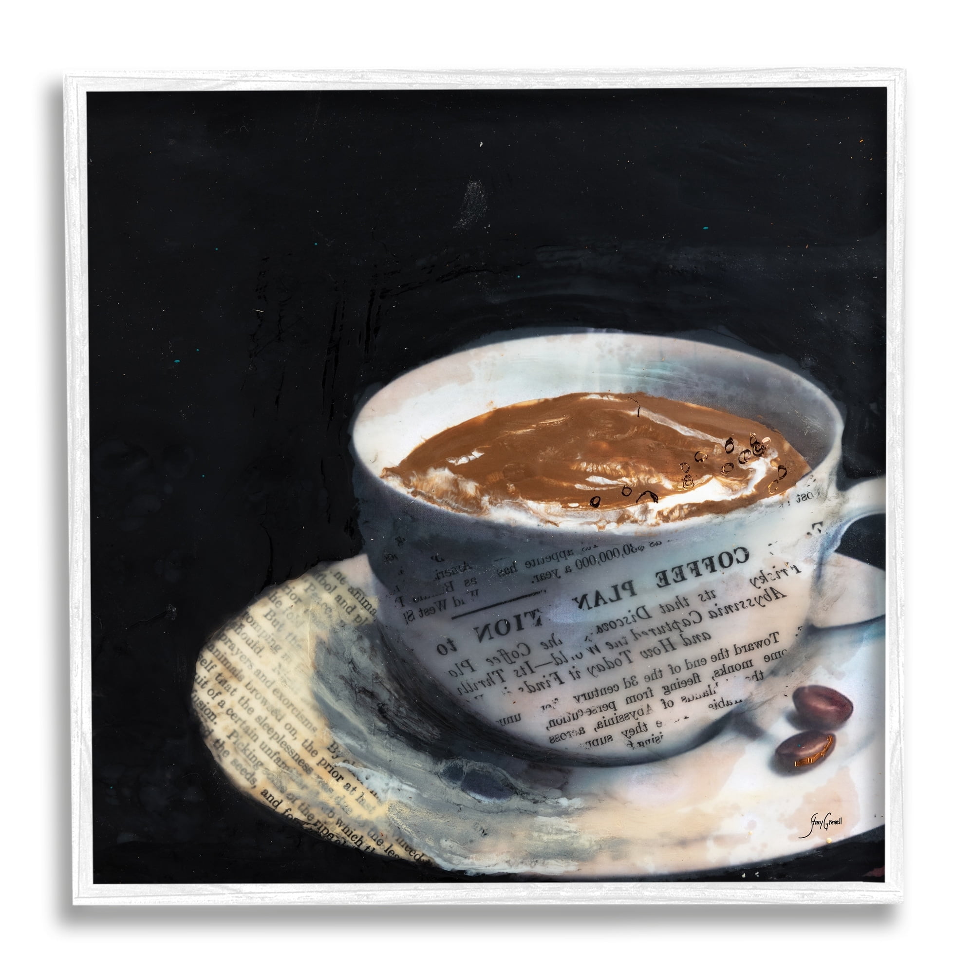 Stupell Industries Coffee Cup Morning Beverage Layered Newspaper Collage Graphic Art White Framed Art Print Wall Art, Design by Stacy Gresell