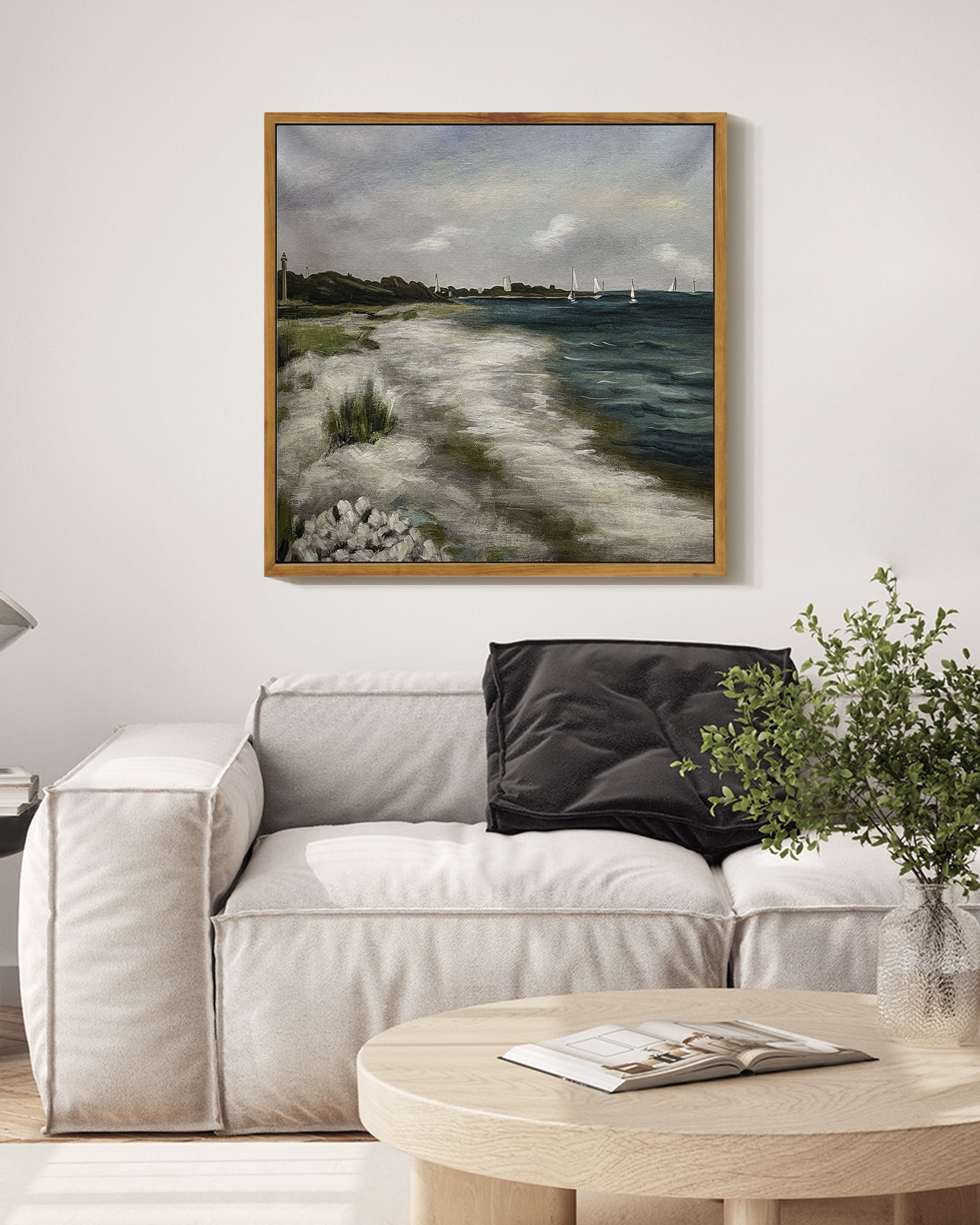 Drsoum Vintage Ocean Seascape Canvas Wall Art 16x16in Natural Framed Seaside Coastal Scenery Classic Bedroom Office Decor