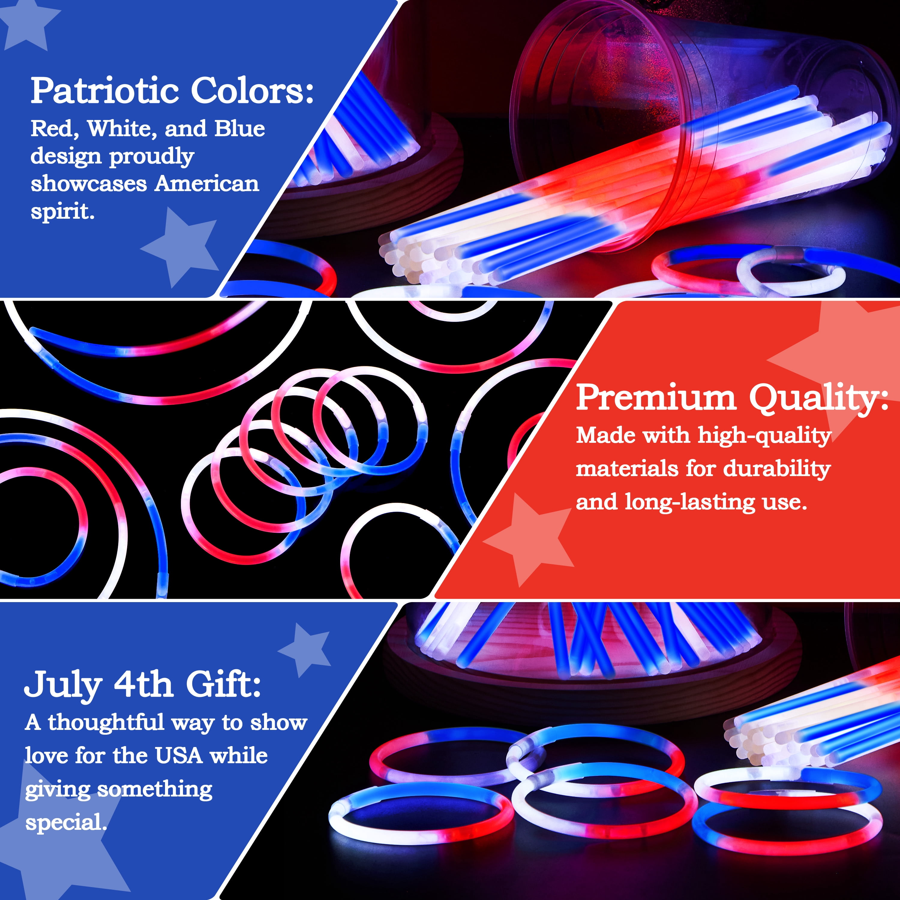 Joyfy 72 Pcs 4th of July Glow Sticks Bulk with Connectors, Red White Blue 3 Colors in 1 Glitter Sticks for Kids and Adults to Make Bracelets and Necklaces, Party Favor Supplies For Independence Day